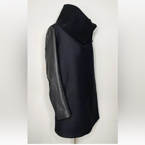 All Saints Hyde Monument Coat Black Wool Coat w/ Leather Sleeves size 2 - Picture 6 of 10